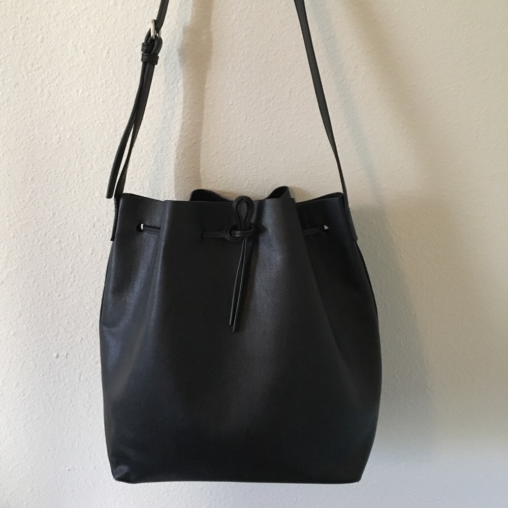 Black Faux Leather Bucket Bag